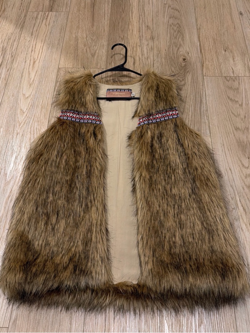 Faux Fur Brown Vest with Funky Embroidered Trim